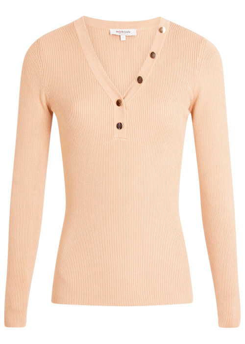 Pull beige à coupe ajustée pourvu d'un col v et...