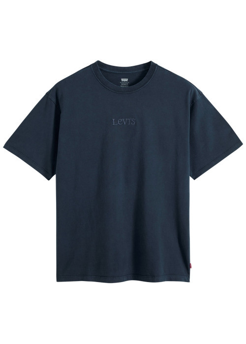 T-shirt en coton marine à coupe droite pourvu d'un col rond côtelé
