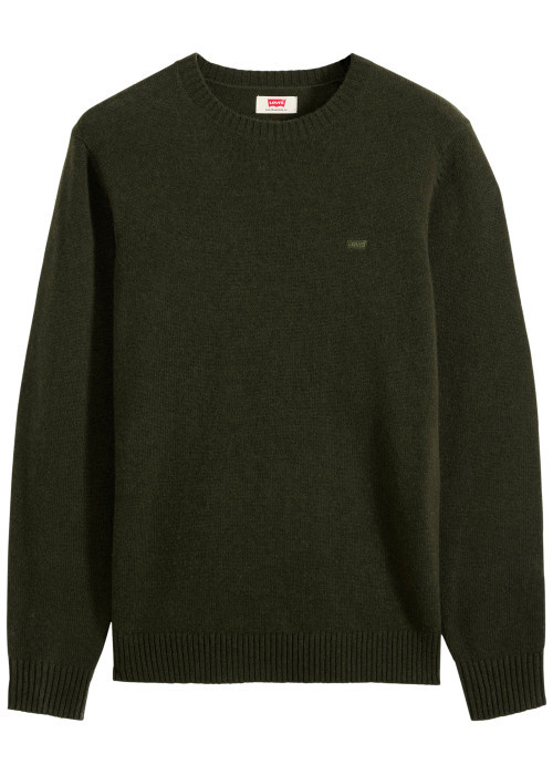 Pull en laine mélangée kaki à coupe ajustée pourvu d'un col rond