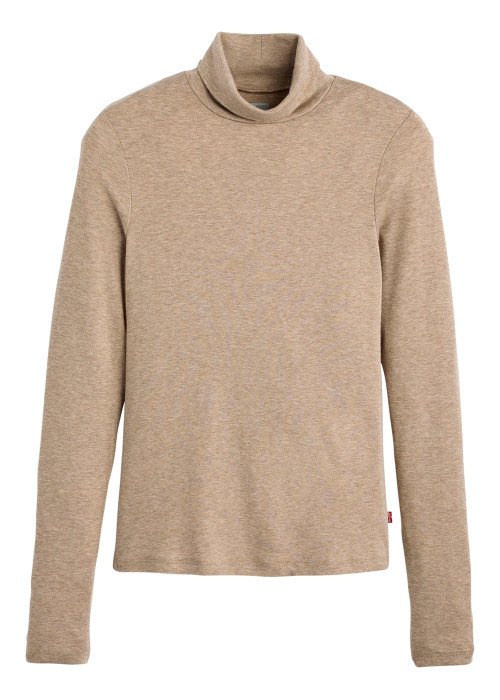 T-shirt taupe à coupe ajustée pourvu d'un col roulé et de manches longues