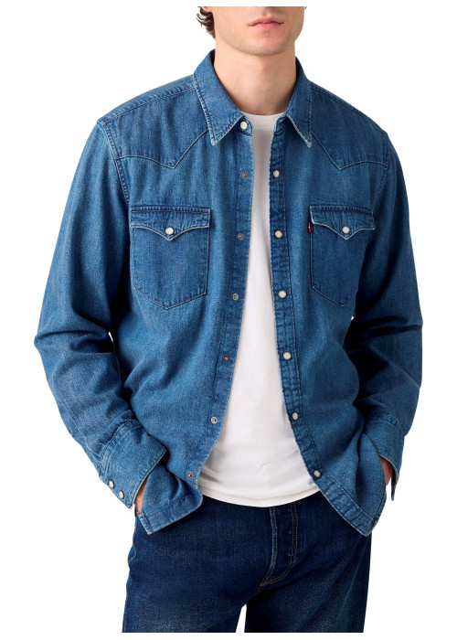 Chemise en coton bleue à coupe droite avec fermeture à boutons pression