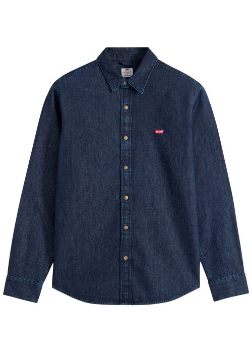 Chemise en coton indigo à coupe droite pourvue d'un col à revers