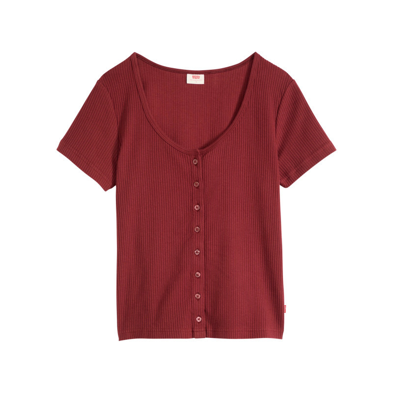 Levi's® - Top En Coton Bordeaux à Coupe Ajustée Pourvu D'un Large Col Rond - Rouge Foncé