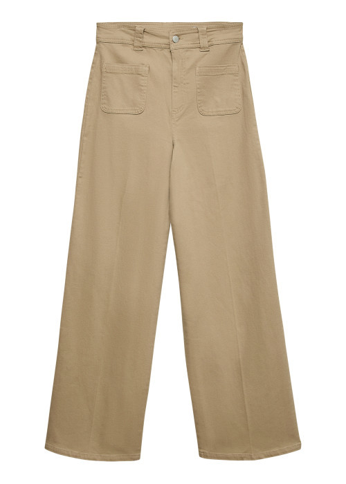 Jean en coton beige uni avec une coupe flare muni d'un zip et d'un bouton