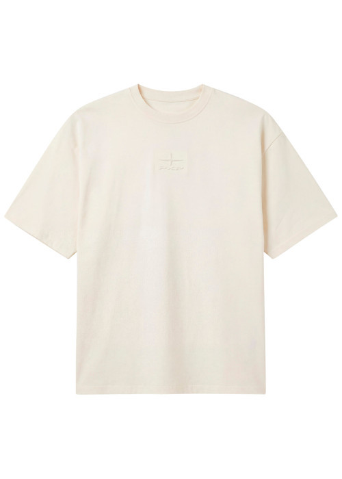 T-shirt en coton écru uni avec une coupe droite et un col rond