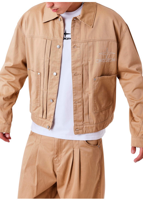 Veste en coton moutarde unie à coupe droite avec un col à revers