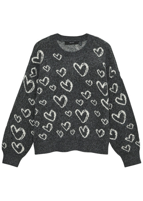 Pull anthracite à motifs pourvu d'une coupe droite et d'un col rond