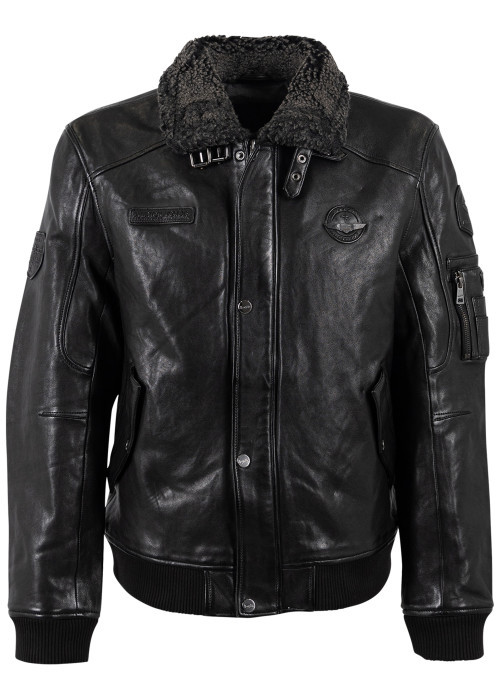 Blouson en cuir de mouton noir uni à coupe...