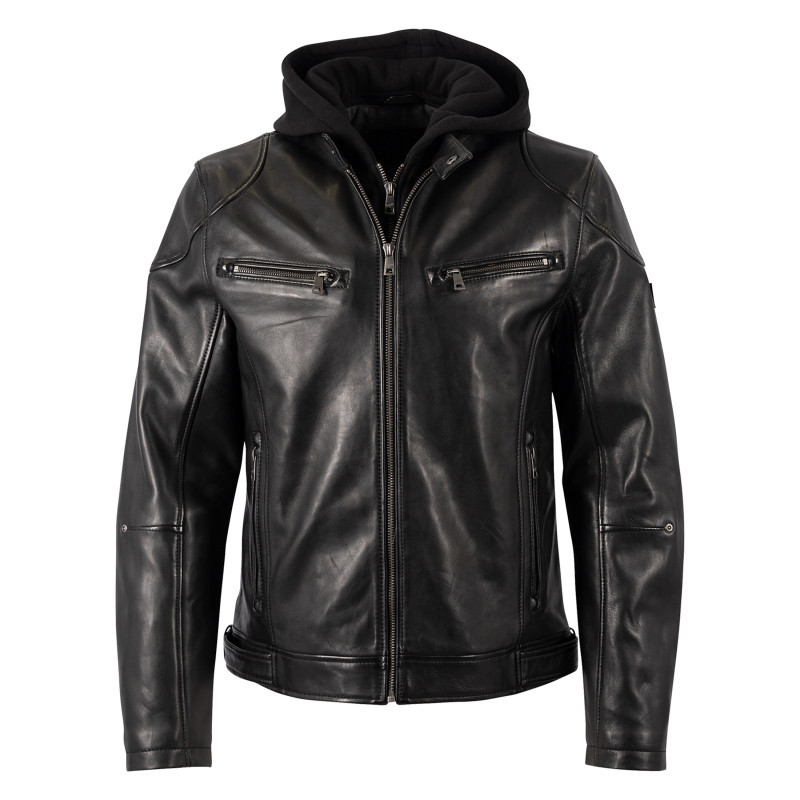 Mauritius - Blouson En Cuir De Mouton Noir Uni Avec Un Col à Capuche Et Une Coupe Droite - Noir Mauritius - Blouson En Cuir De Mouton Noir Uni Avec Un Col à Capuche Et Une Coupe Droite - Noir