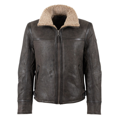 Bomber en cuir de mouton marron uni avec un col...