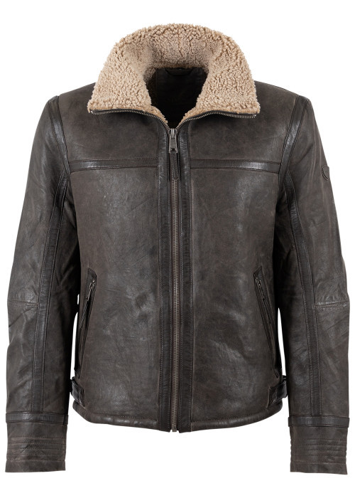 Bomber en cuir de mouton marron uni avec un col sherpa et 2 poches zippées
