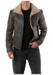 Thumbnail Bomber en cuir de mouton marron uni avec un col sherpa et 2 poches zippées - Image 4