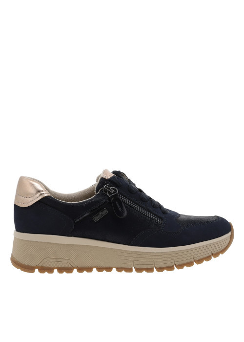 Baskets bleu marine à talon compensé bas avec des lacets et un zip latéral