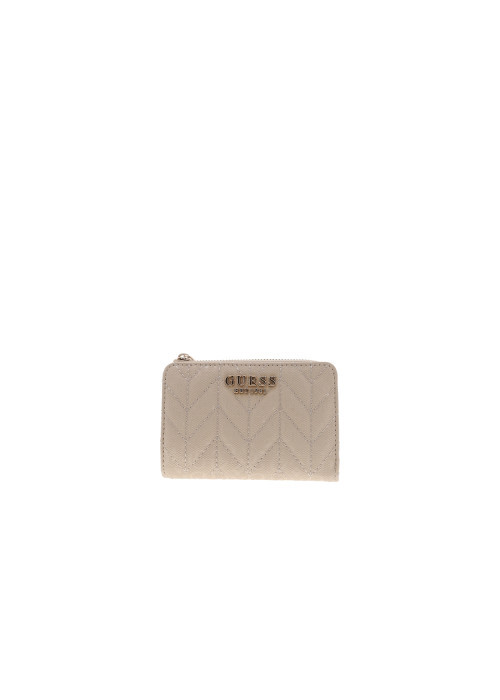 Porte-monnaie beige à motif monogramme muni d'un zip et d'un bouton-pression