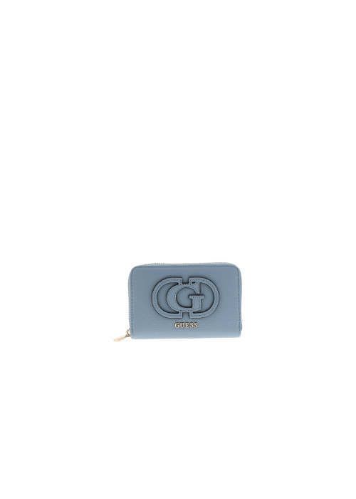 Portefeuille bleu uni muni d'une fermeture à zip et d'un gros logo cousu