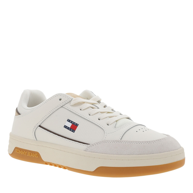 Tommy Jeans - Baskets Tjm Cupsole En Cuir Blanches Et Beiges à Talon Plat Avec Des Lacets - Beige