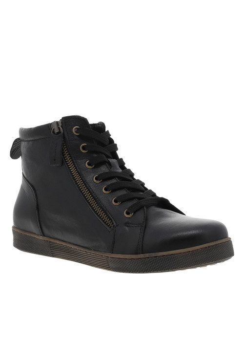 Bottines en cuir noires à talon plat avec des lacets et une fermeture zippée