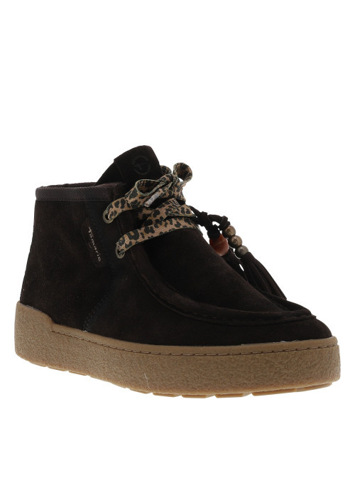 Boots en cuir chocolat avec un talon plat et des lacets à motif léopard