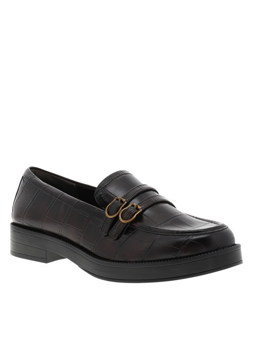 Mocassins chocolat avec un talon plat et un revêtement effet crocodile