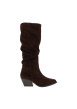 Thumbnail Bottes en cuir chocolat à talon plat munies d'un zip et d'un soufflet élastiqué - Image 2