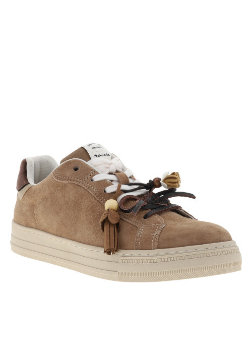 Tennis en cuir nubuck camel avec un talon plat...