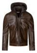 Thumbnail Blouson en cuir de buffle marron uni avec une coupe droite et un col à capuche