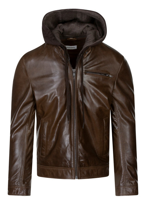 Blouson en cuir de buffle marron uni avec une coupe droite et un col à capuche