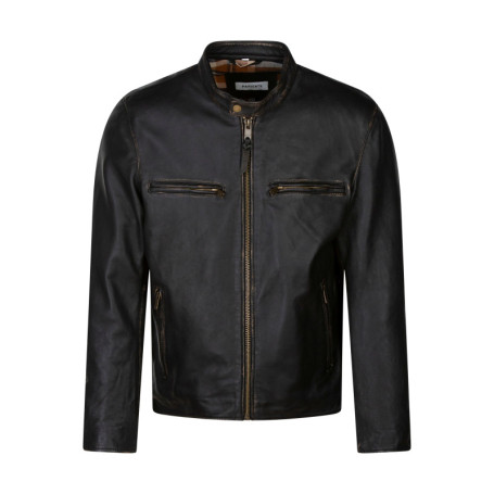 Blouson en cuir noir uni avec une coupe droite...