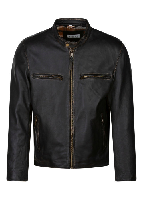 Blouson en cuir noir uni avec une coupe droite...