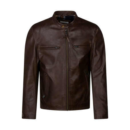 Blouson en cuir marron uni avec une coupe...