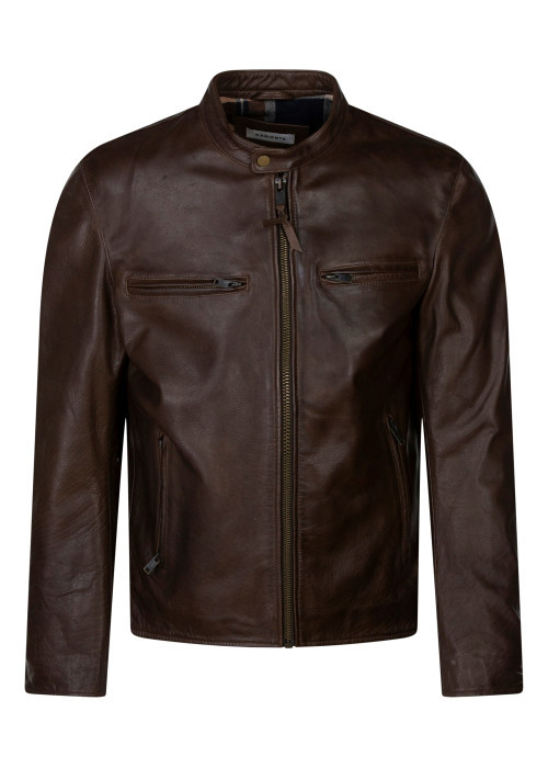 Blouson en cuir marron uni avec une coupe...