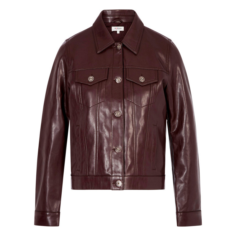 Morgan - Blouson Bordeaux Uni Avec Une Coupe Droite Et Un Col à Revers - Rouge Foncé