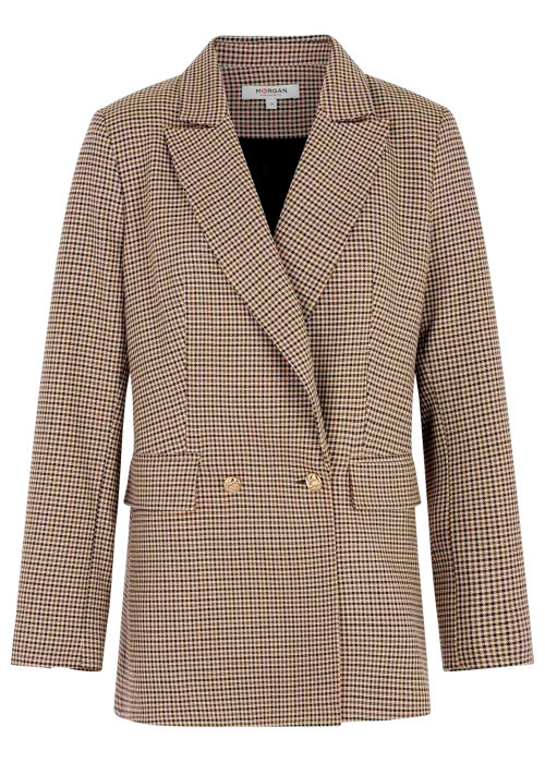 Blazer marron à motif pied-de-poule avec une coupe droite et un col à revers