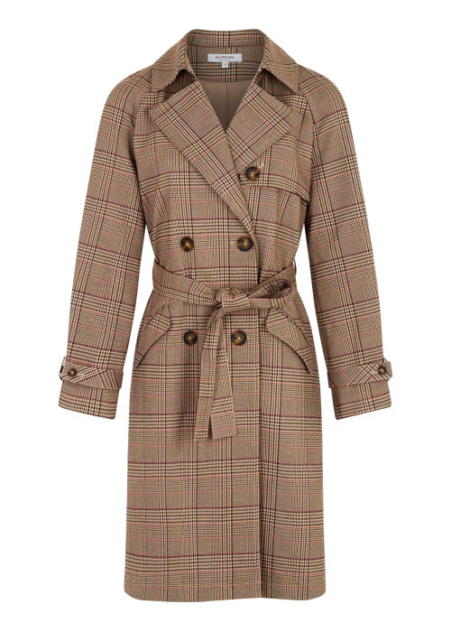 Trench taupe à carreaux avec une coupe droite et un col à revers