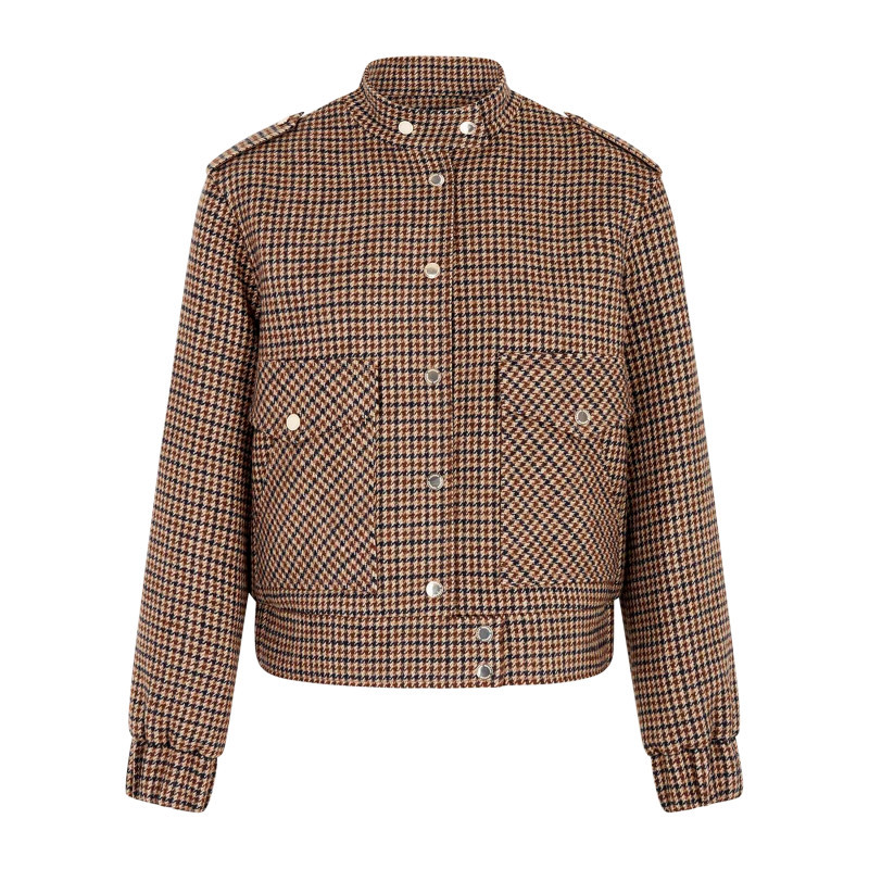 Morgan - Blouson Camel à Motif Pied-de-poule Avec Une Coupe Droite Et Un Col Montant - Beige