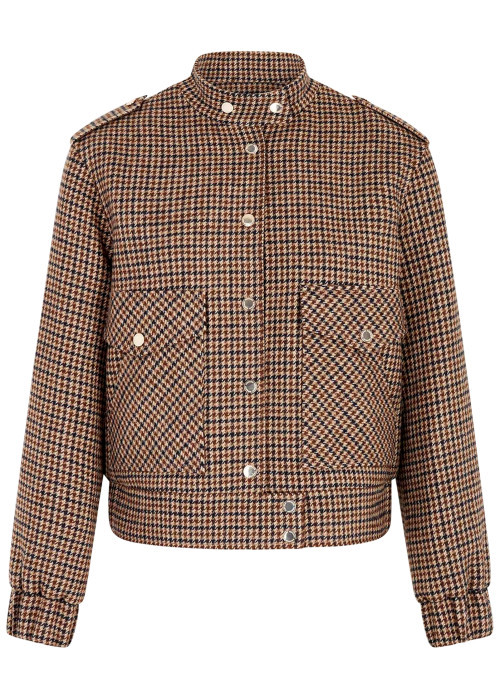 Blouson camel à motif pied-de-poule avec une coupe droite et un col montant