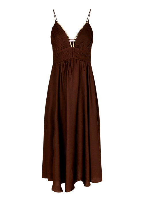 Robe longue marron unie avec une coupe cintrée et un col V