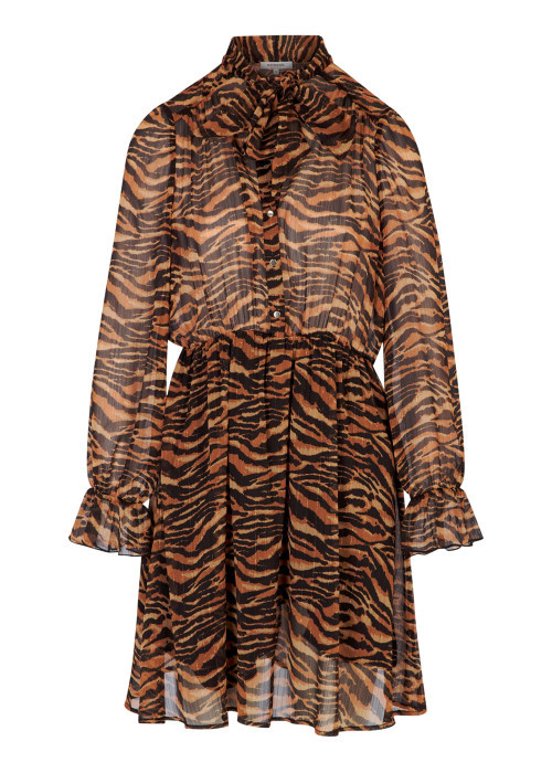 Robe courte chocolat à motif animalier avec une coupe fluide et un col montant