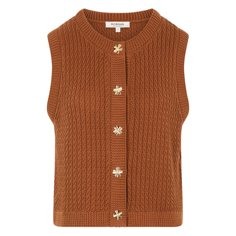 Morgan - Gilet En Coton Camel Uni Avec Une Coupe Droite Et Un Col Rond - Beige Morgan - Gilet En Coton Camel Uni Avec Une Coupe Droite Et Un Col Rond - Beige