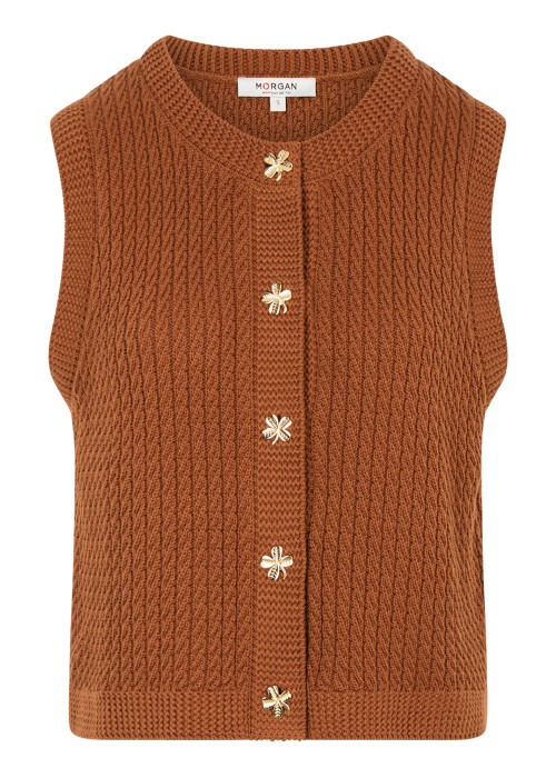Gilet en coton camel uni avec une coupe droite et un col rond