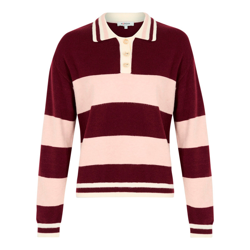 Morgan - Pull Bordeaux à Rayures Avec Une Coupe Droite Et Un Col Polo - Rouge Foncé Morgan - Pull Bordeaux à Rayures Avec Une Coupe Droite Et Un Col Polo - Rouge Foncé