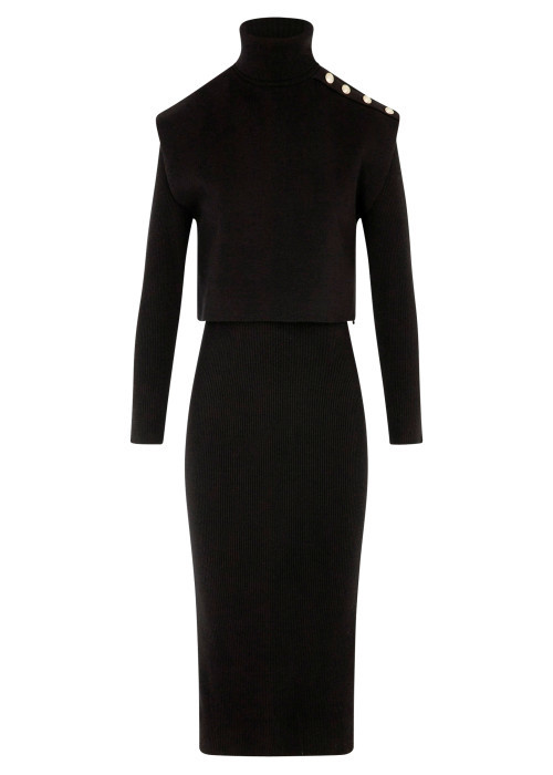 Robe longue noire unie avec une coupe droite et un col roulé