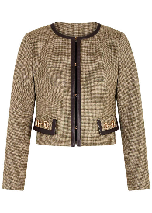 Blouson kaki à motif pied-de-poule avec une coupe droite et un col rond