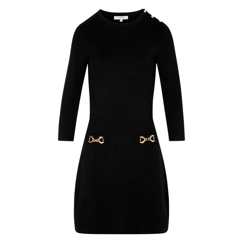Morgan - Robe Courte Noire Unie Avec Une Coupe Ajustée Et Des Manches 3/4 - Noir