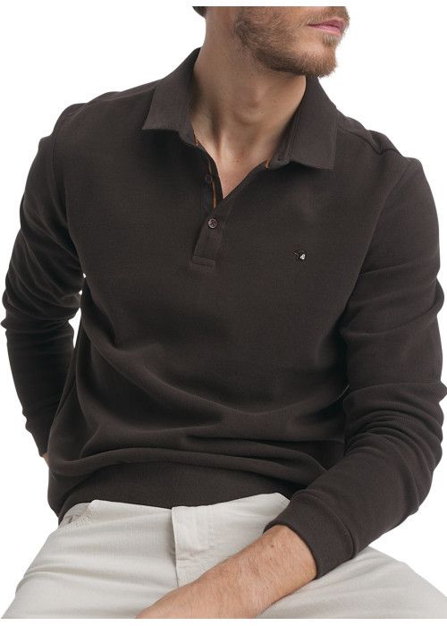 Sweat chocolat uni à manches longues doté d'une coupe droite et d'un col polo