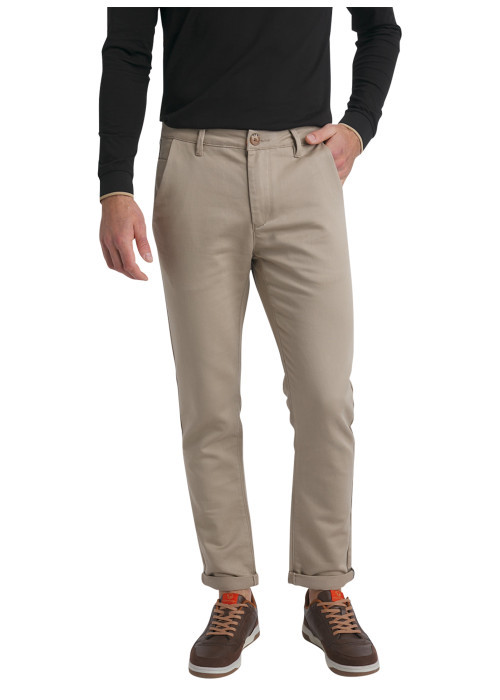 Pantalon chino en coton beige uni avec une coupe slim et des ourlets