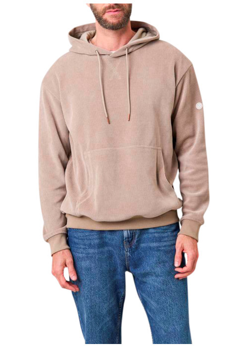 Sweat beige uni en velours côtelé avec un col à capuche et une coupe droite