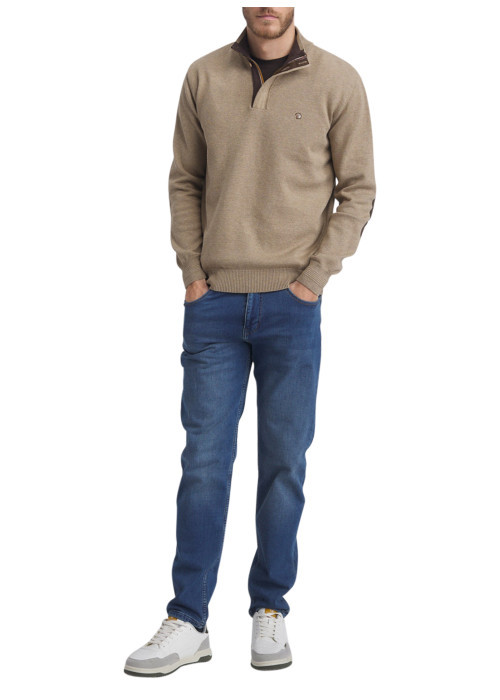 Pull en coton mélangé beige uni doté d'un col camionneur et des manches longues