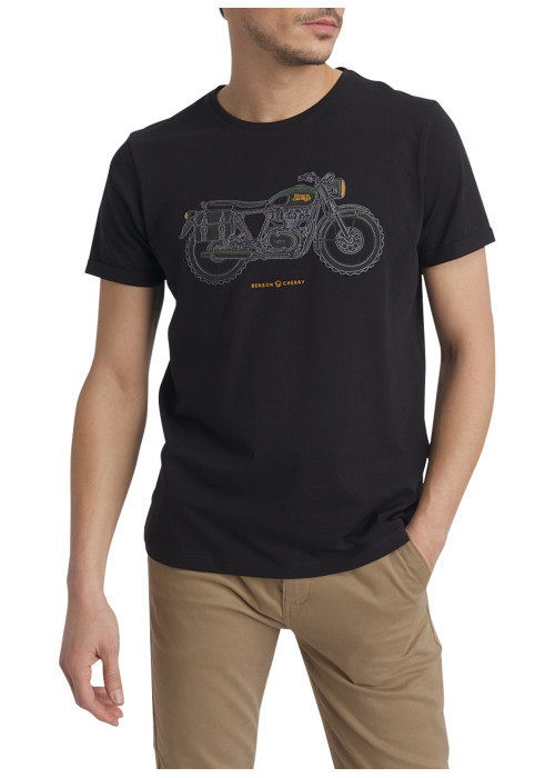 T-shirt en coton noir avec un imprimé moto et une coupe droite