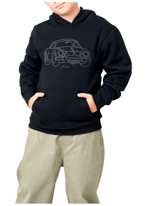 Sweat noir uni avec une voiture imprimée et un col à capuche